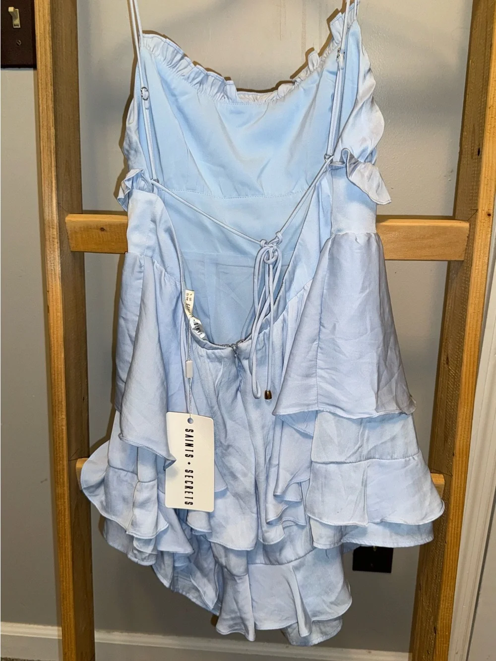 NWT SAINTS + SECRETS Powder Blue Ruffle Mini Dress with Drawstring - Picture 7 of 11